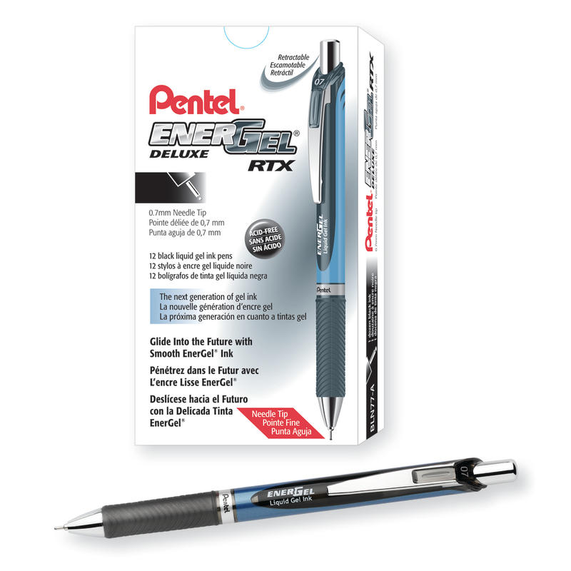 Pentel EnerGel Deluxe RTX Retractable Pen, Needle Point, 0.7 mm, Assorted Barrels, Black Ink MPN:BLN77ADZ
