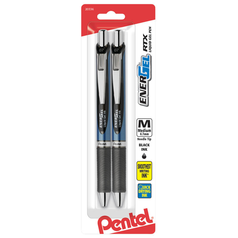 Pentel EnerGel NV LiquidGel Rollerball Pens, Needle Point, 0.7 mm, Assorted Barrels, Black Ink, Pack Of 2 MPN:BLN77BP2A