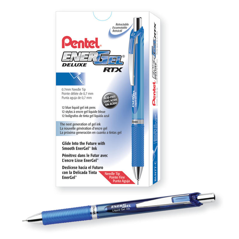 Pentel EnerGel Deluxe RTX Retractable Pens, Needle Point, 0.7 mm, Blue Barrel, Blue Ink, Pack Of 12 Pens MPN:BLN77CDZ