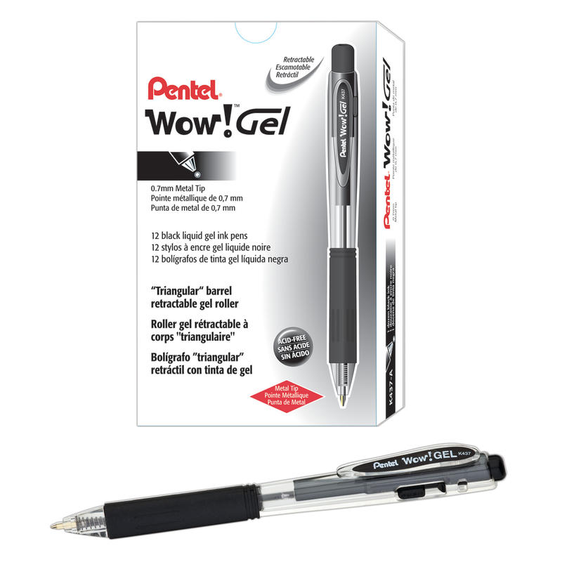 Pentel Wow! Retractable Gel Roller Pens, Medium Point, 0.7 mm, Clear Barrel, Black Ink, Pack Of 12 MPN:K437-A