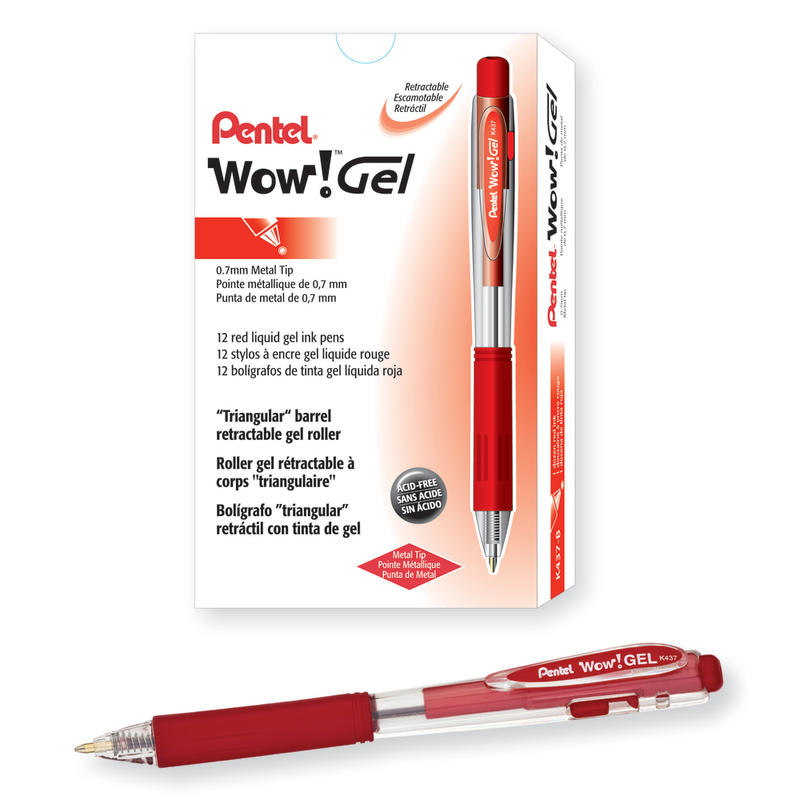 Pentel Wow! Retractable Gel Roller Pens  Medium Point  0.7 mm  Clear Barrel  Red Ink  Pack Of 12 MPN:K437-B