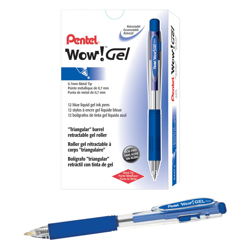 Pentel Wow! Retractable Gel Roller Pens, Medium Point, 0.7 mm, Clear Barrel, Blue Ink, Pack Of 12 MPN:K437-C