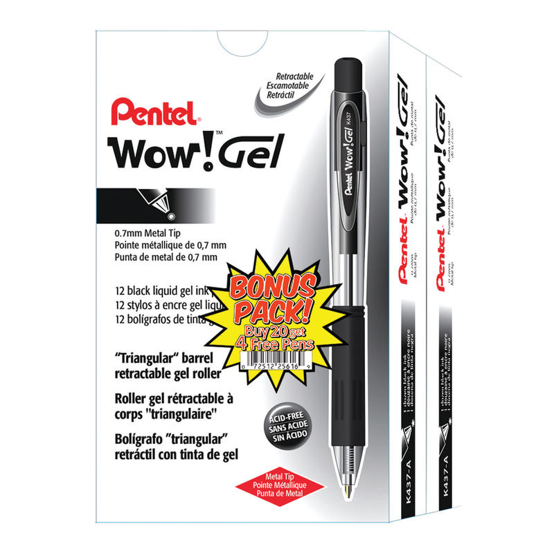Pentel Wow! Retractable Gel Pens, Medium Point, 0.7 mm, Assorted Barrels, Black Ink, Pack Of 24 MPN:K437ASW2