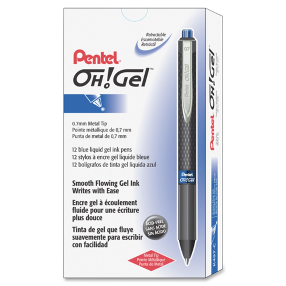 Pentel OH! Gel Pens, Medium Point, 0.7 mm, Carbon Fiber Barrel, Blue Ink, Pack Of 12 Pens MPN:K497-C