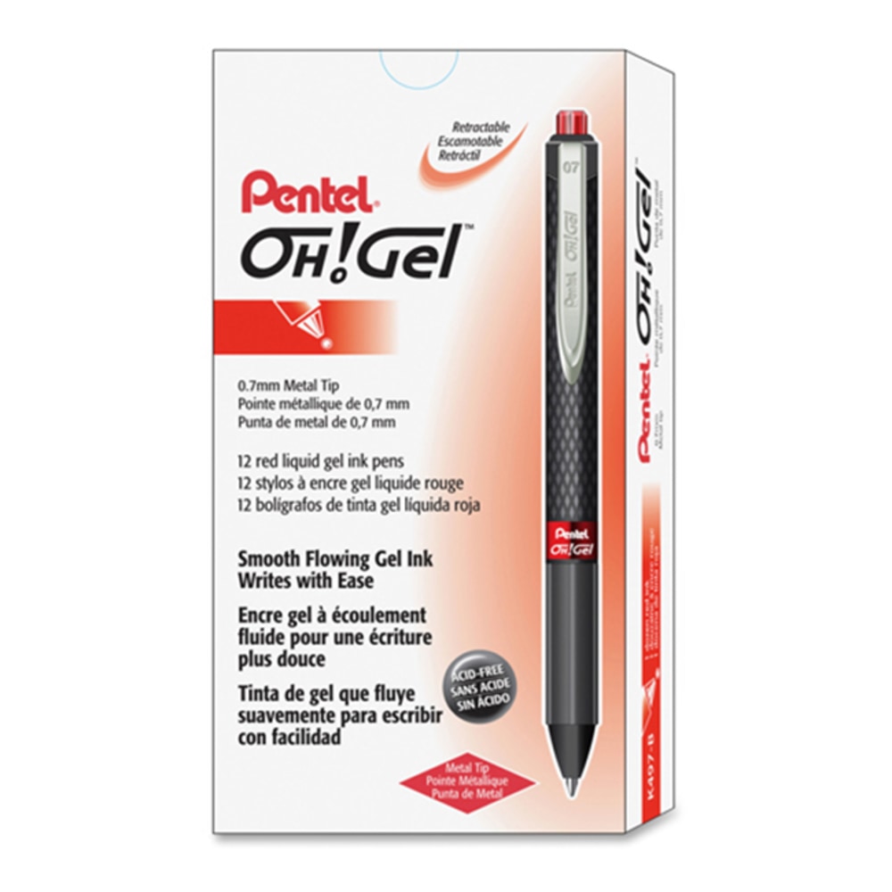 Pentel OH! Medium Point Gel Pens, Pack Of 12, Medium Point, 0.7 mm, Carbon Fiber Barrel, Red Ink MPN:K497B