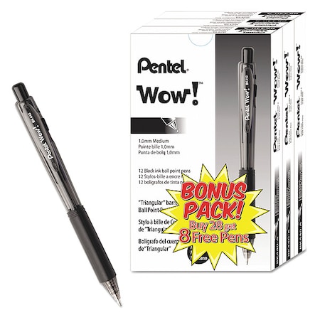 WOW! Ballpoint Pen Value Pack, Retractable, Medium 1 mm, Black Ink, Smoke/Black Barrel, PK36 MPN:PENBK440ASWUS