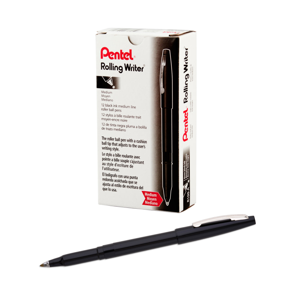 Pentel Rolling Writer Pens, Medium Point, 0.8 mm, Black Barrel, Black Ink, Pack Of 12 Pens MPN:R100-A