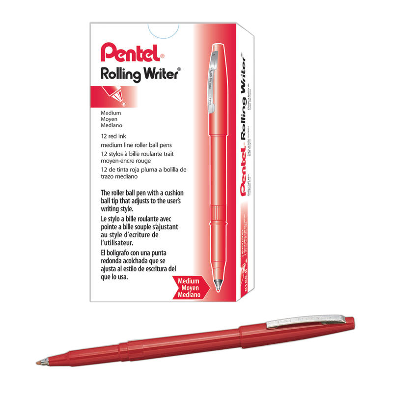 Pentel Rolling Writer Pens, Medium Point, 0.8 mm, Red Barrel, Red Ink, Pack Of 12 Pens MPN:R100-B