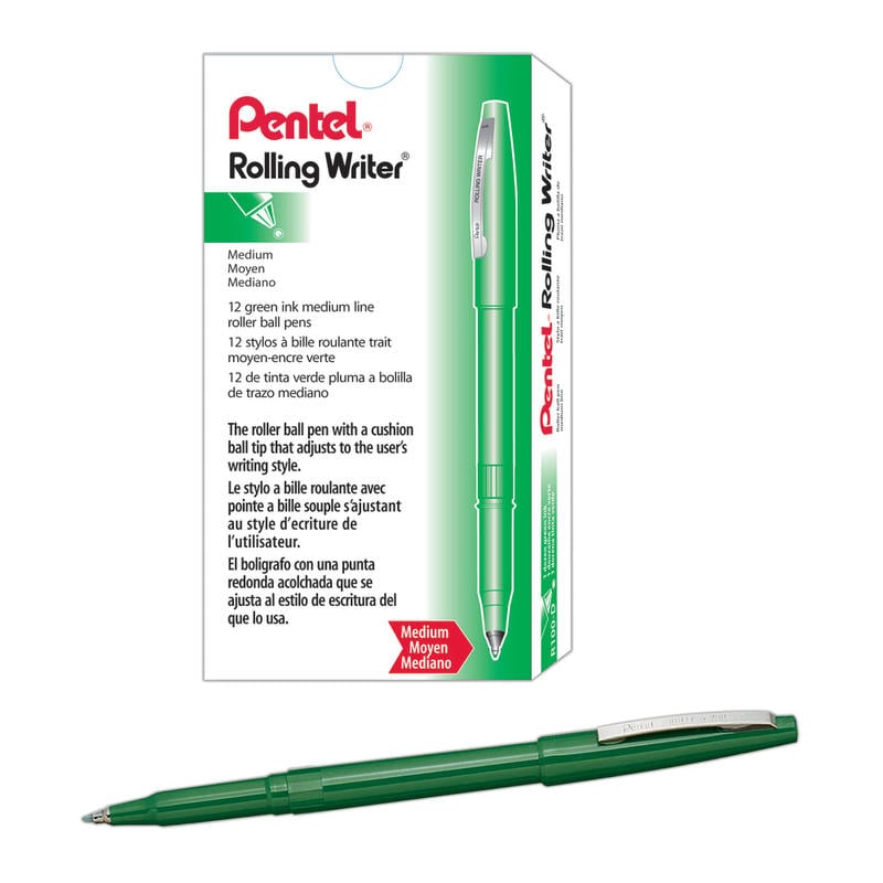 Pentel Rolling Writer Pens, Medium Point, 0.8 mm, Green Barrel, Green Ink, Pack Of 12 Pens MPN:R100-D