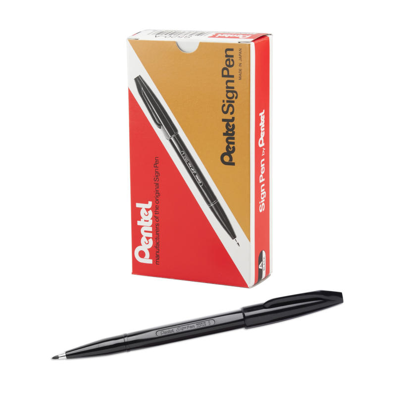 Pentel Sign Pens, Fine Point, 2.0 mm, Black Barrel, Black Ink, Pack Of 12 Pens MPN:S520-A