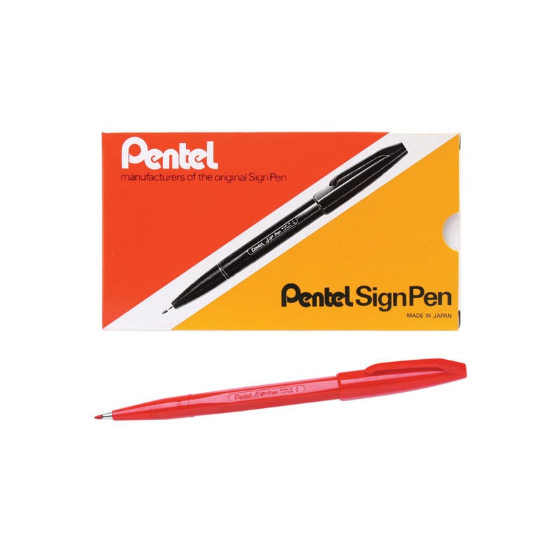 Pentel Sign Pens, Fine Point, 2.0 mm, Red Barrel, Red Ink, Pack Of 12 Pens MPN:S520-B