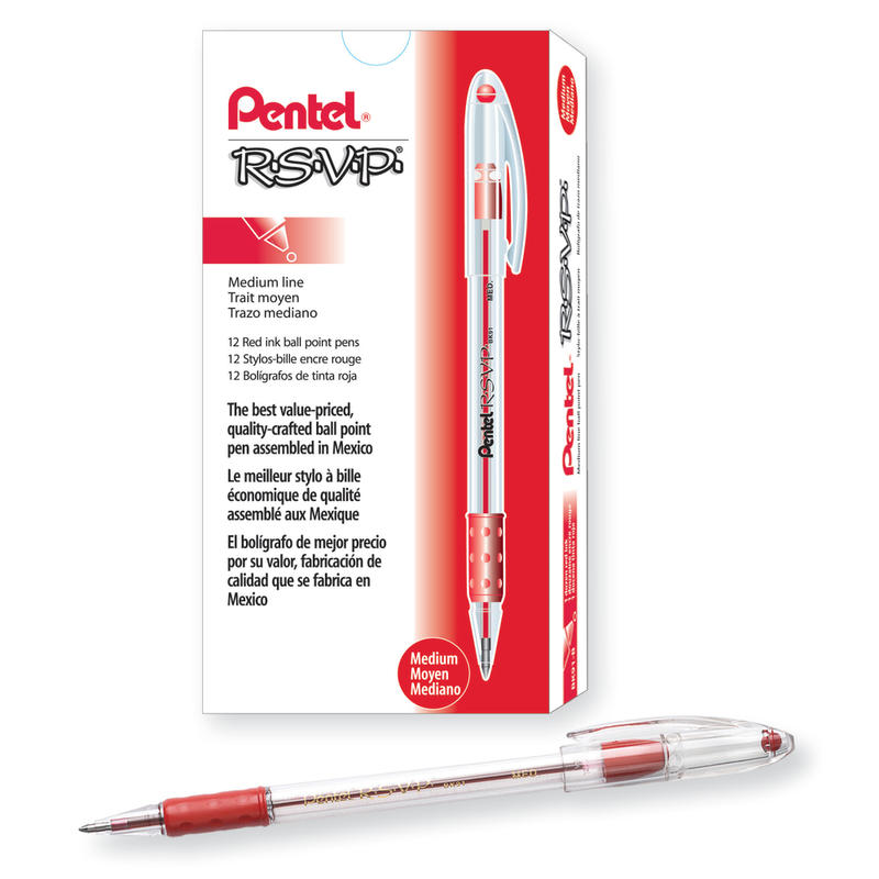 Pentel R.S.V.P. Ballpoint Pens, Medium Point, 1.0 mm, Clear Barrel, Red Ink, Pack Of 12 MPN:BK91-B
