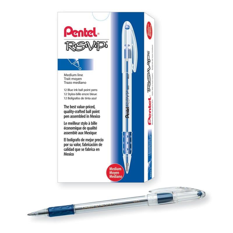 Pentel R.S.V.P. Ballpoint Pens, Medium Point, 1.0 mm, Clear Barrel, Blue Ink, Pack Of 12 MPN:BK91-C