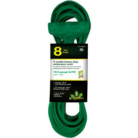GoGreen Power 16/3 SJTW 8ft 3 Outlet Heavy Duty Extension Cord GG-15008GN - Green GG-15008GN