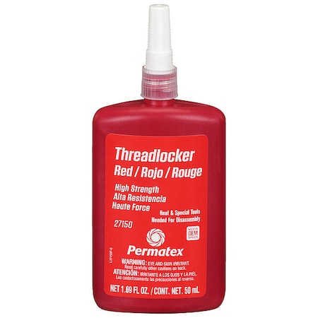 Threadlocker, PERMATEX, Red, High Strength, Liquid, 50 mL Bottle MPN:27150