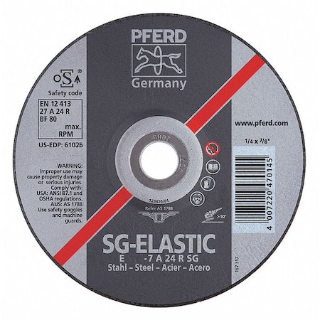 Depressed Center Grinding Wheel, Type 27, 4 1/2 in Dia, 0.25 in Thick, 7/8 in Arbor Hole Size MPN:61026