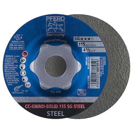 Depressed Center Grinding Wheel, Type 27, 4 1/2 in Dia, 0.125 in Thick, 7/8 in Arbor Hole Size MPN:61200