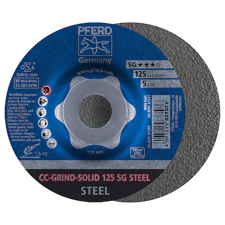 Depressed Center Grinding Wheel, Type 27, 5 in Dia, 0.125 in Thick, 7/8 in Arbor Hole Size, 24 Grit MPN:61201