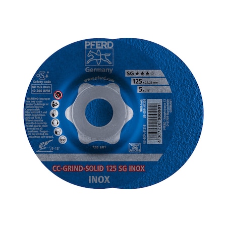 Depressed Center Grinding Wheel, Type 27, 5 in Dia, 0.125 in Thick, 7/8 in Arbor Hole Size, Ceramic MPN:61216