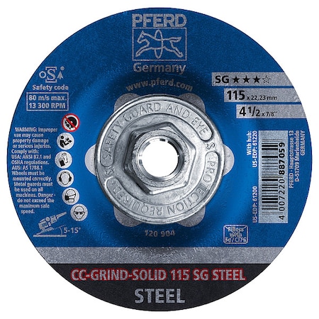 Depressed Center Grinding Wheel, Type 27, 4 1/2 in Dia, 0.125 in Thick, 5/8