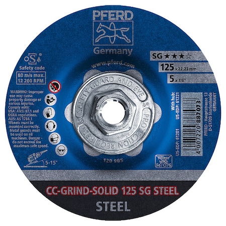 Depressed Center Grinding Wheel, Type 27, 5 in Dia, 0.125 in Thick, 5/8