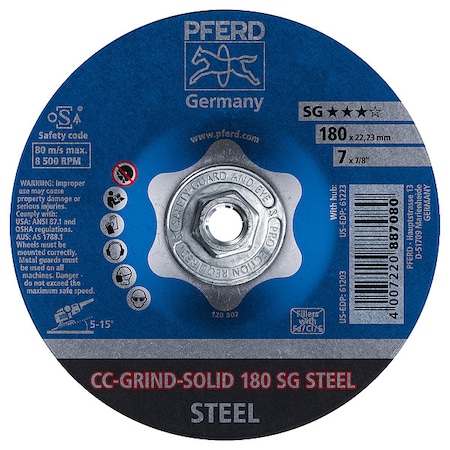 Depressed Center Grinding Wheel, Type 27, 7 in Dia, 0.125 in Thick, 5/8