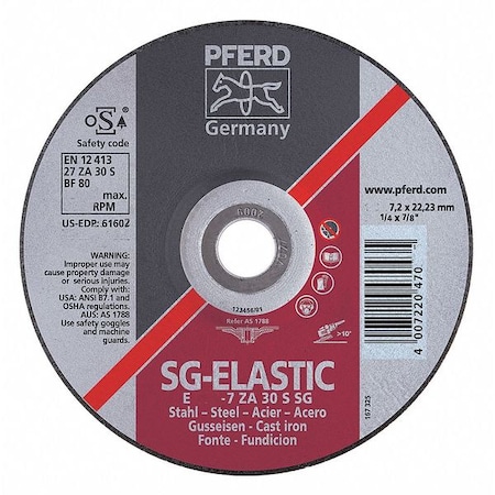Depressed Center Grinding Wheel, Type 27, 4 1/2 in Dia, 0.25 in Thick, 7/8 in Arbor Hole Size MPN:61602