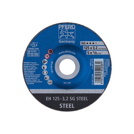 Abrasive Cut-Off Wheel, Type 27, 5 in Dia, 1/8 in Thick, 7/8 in Arbor Hole Size, Aluminum oxide A MPN:63106