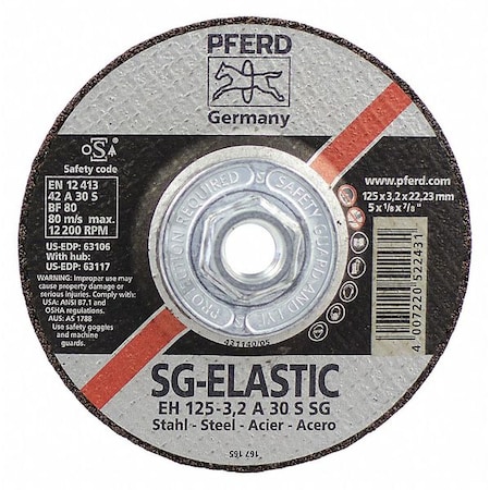 Abrasive Cut-Off Wheel, Type 27, 5 in Dia, 1/8 in Thick, 5/8 in-11 Arbor Hole Size, 24 Grit MPN:63117