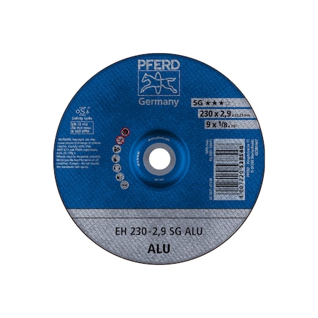 Abrasive Cut-Off Wheel, Type 27, 9 in Dia, 1/8 in Thick, 7/8 in Arbor Hole Size, Aluminum oxide A MPN:63136