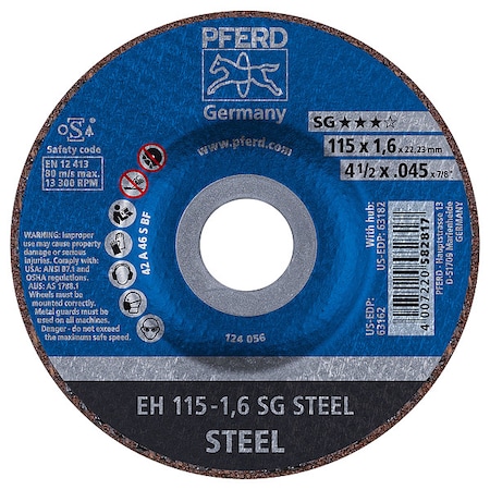 Depressed Center Wheels, Type 27, 4 1/2 in Dia, 0.045 in Thick, 7/8 in Arbor Hole Size, 46 Grit MPN:63162
