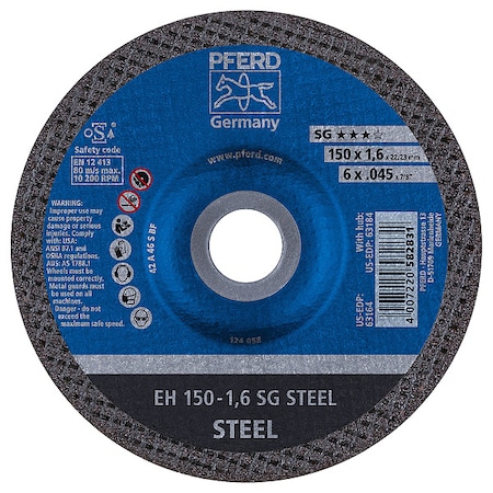 Abrasive Cut-Off Wheel, Type 27, 6 in Dia, 0.045 in Thick, 7/8 in Arbor Hole Size, Aluminum oxide A MPN:63164