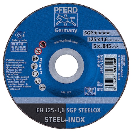 Abrasive Cut-Off Wheel, Type 27, 5 in Dia, 0.045 in Thick, 7/8 in Arbor Hole Size, Aluminum oxide A MPN:63173
