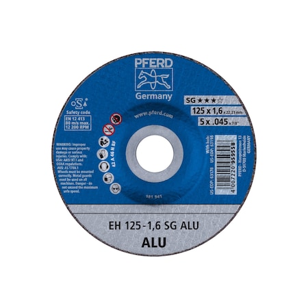 Abrasive Cut-Off Wheel, Type 27, 5 in Dia, 0.045 in Thick, 7/8 in Arbor Hole Size, Aluminum oxide A MPN:63178