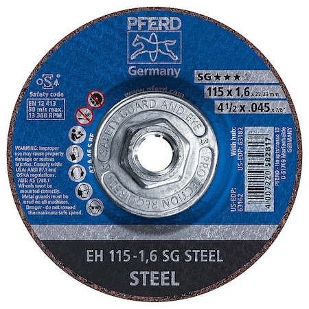 Abrasive Cut-Off Wheel, Type 27, 4-1/2 in Dia, 0.045 in Thick, 5/8 in-11 Arbor Hole Size, 46 Grit MPN:63182