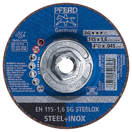 Abrasive Cut-Off Wheel, Type 27, 4-1/2 in Dia, 0.045 in Thick, 5/8 in-11 Arbor Hole Size, 46 Grit MPN:63187
