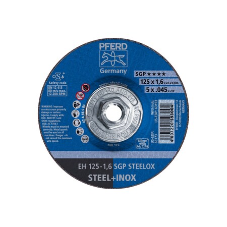 Abrasive Cut-Off Wheel, Type 27, 5 in Dia, 0.45 in Thick, 5/8 in-11 Arbor Hole Size, 46 Grit MPN:63193