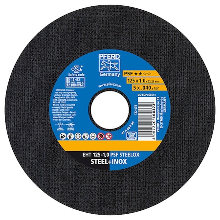 Abrasive Cut-Off Wheel, Type 1, 5 in Dia, 0.040 in Thick, 7/8 in Arbor Hole Size, Aluminum Oxide MPN:63541