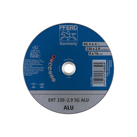 Abrasive Cut-Off Wheel, Type 1, 9 in Dia, 1/8 in Thick, 7/8 in Arbor Hole Size, Aluminum oxide A MPN:63606
