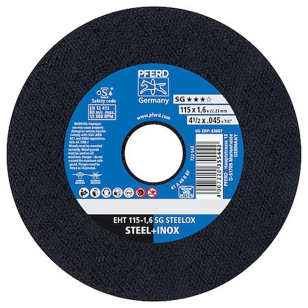 Abrasive Cut-Off Wheel, Type 1, 4-1/2 in Dia, 0.045 in Thick, 7/8 in Arbor Hole Size, 46 Grit MPN:63607