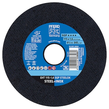 Abrasive Cut-Off Wheel, Type 1, 4-1/2 in Dia, 0.045 in Thick, 7/8 in Arbor Hole Size, 46 Grit MPN:69846