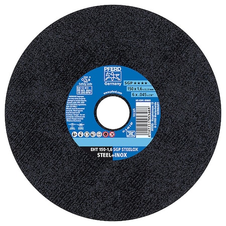 Abrasive Cut-Off Wheel, Type 1, 6 in Dia, 0.045 in Thick, 7/8 in Arbor Hole Size, Aluminum Oxide MPN:69865