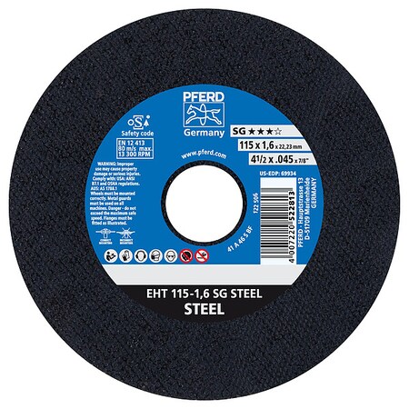 Abrasive Cut-Off Wheel, Type 1, 4-1/2 in Dia, 0.045 in Thick, 7/8 in Arbor Hole Size, 60 Grit MPN:69934