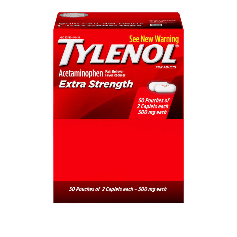 TYLENOL Extra Strength Caplets, Fever Reducer and Pain Reliever, 500 mg, 2 Caplets Per Packet, Box Of 50 Packets (Min Order Qty 3) MPN:44910
