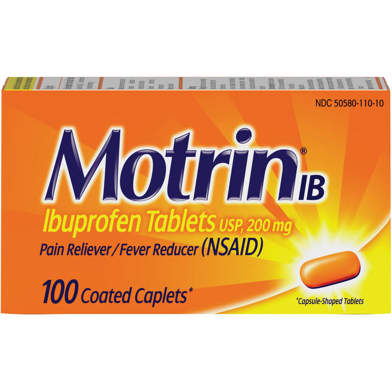 Motrin Ibuprofen Caplets - For Fever, Common Cold, Headache, Backache, Muscular Pain, Arthritis, Toothache - 100 / Box (Min Order Qty 4) MPN:048101
