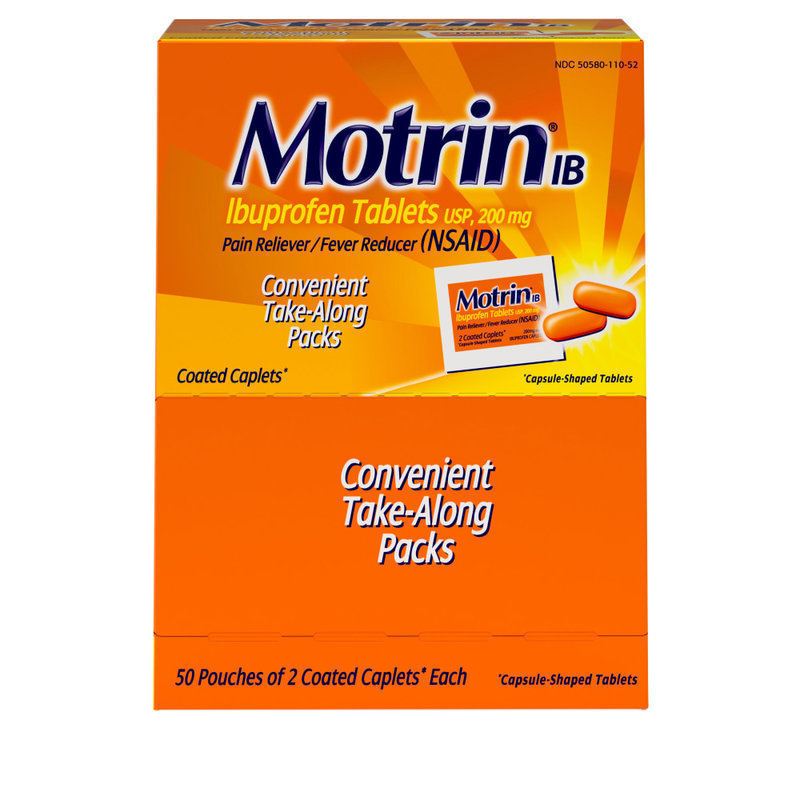 Motrin IB, Ibuprofen 200mg Tablets for Pain & Fever, 2 Tablets per Packet, 50 Packets per Box (Min Order Qty 4) MPN:48152