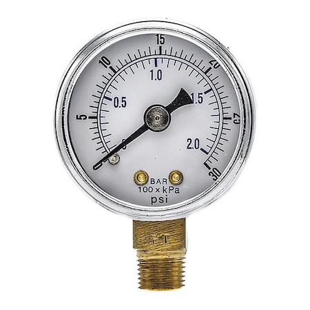 Industrial Pressure Gauge, 0 to 30 psi, 1 1/2 in Dial, 1/8 in NPT, Bottom Location MPN:101D-158C