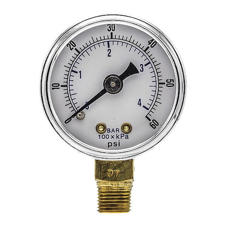 Industrial Pressure Gauge, 0 to 60 psi, 1 1/2 in Dial, 1/8 in NPT, Bottom Location MPN:101D-158D