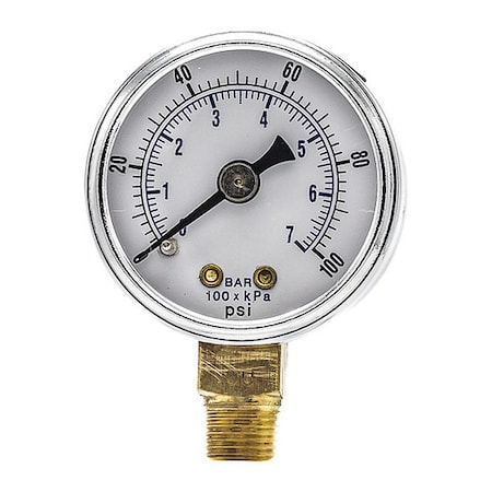 Industrial Pressure Gauge, 0 to 100 psi, 1 1/2 in Dial, 1/8 in NPT, Bottom Location MPN:101D-158E