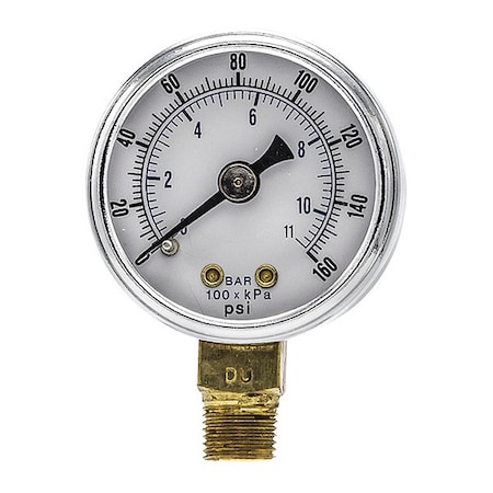 Industrial Pressure Gauge, 0 to 160 psi, 1 1/2 in Dial, 1/8 in NPT, Bottom Location MPN:101D-158F